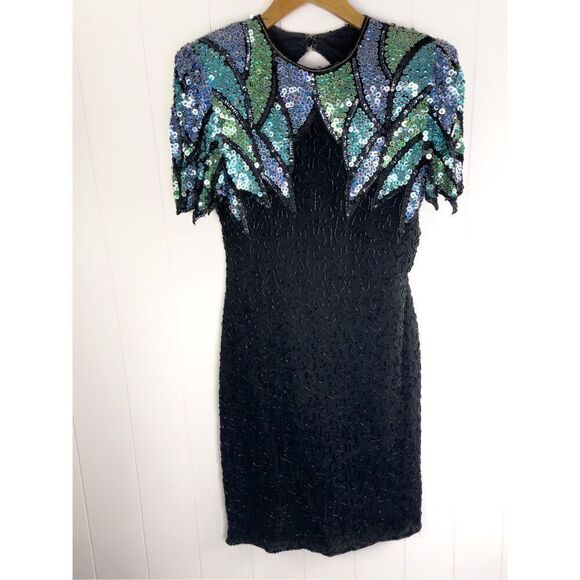SCALA Vintage Pure Silk Beaded Sequin Cocktail Dress Black‎ Size M - Picture 1 of 14